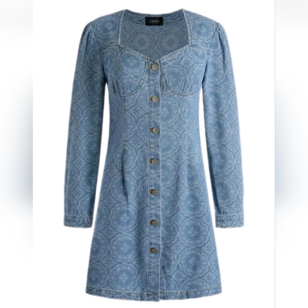NWT Cider Blue Denim Dress Lace Print Women's Medium Button Front Mini Short